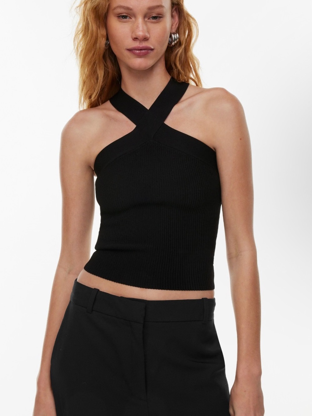 Babaton Black Cross-Neck Ribbed Crop Top